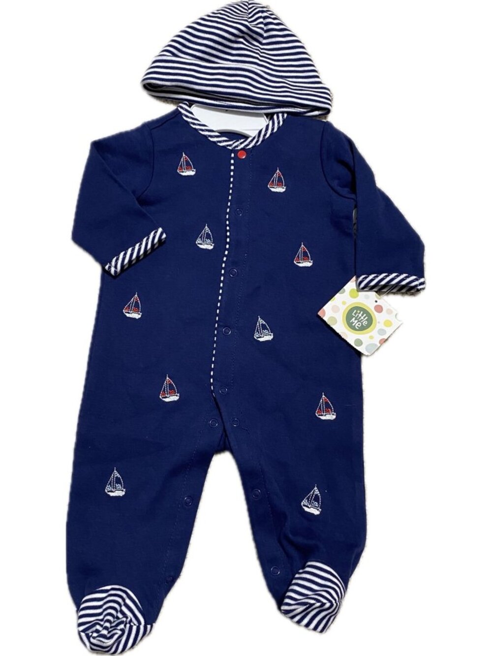 Little Me 3m NWT navy blue footed sleeper Hat embroidery sailboat USA nautical